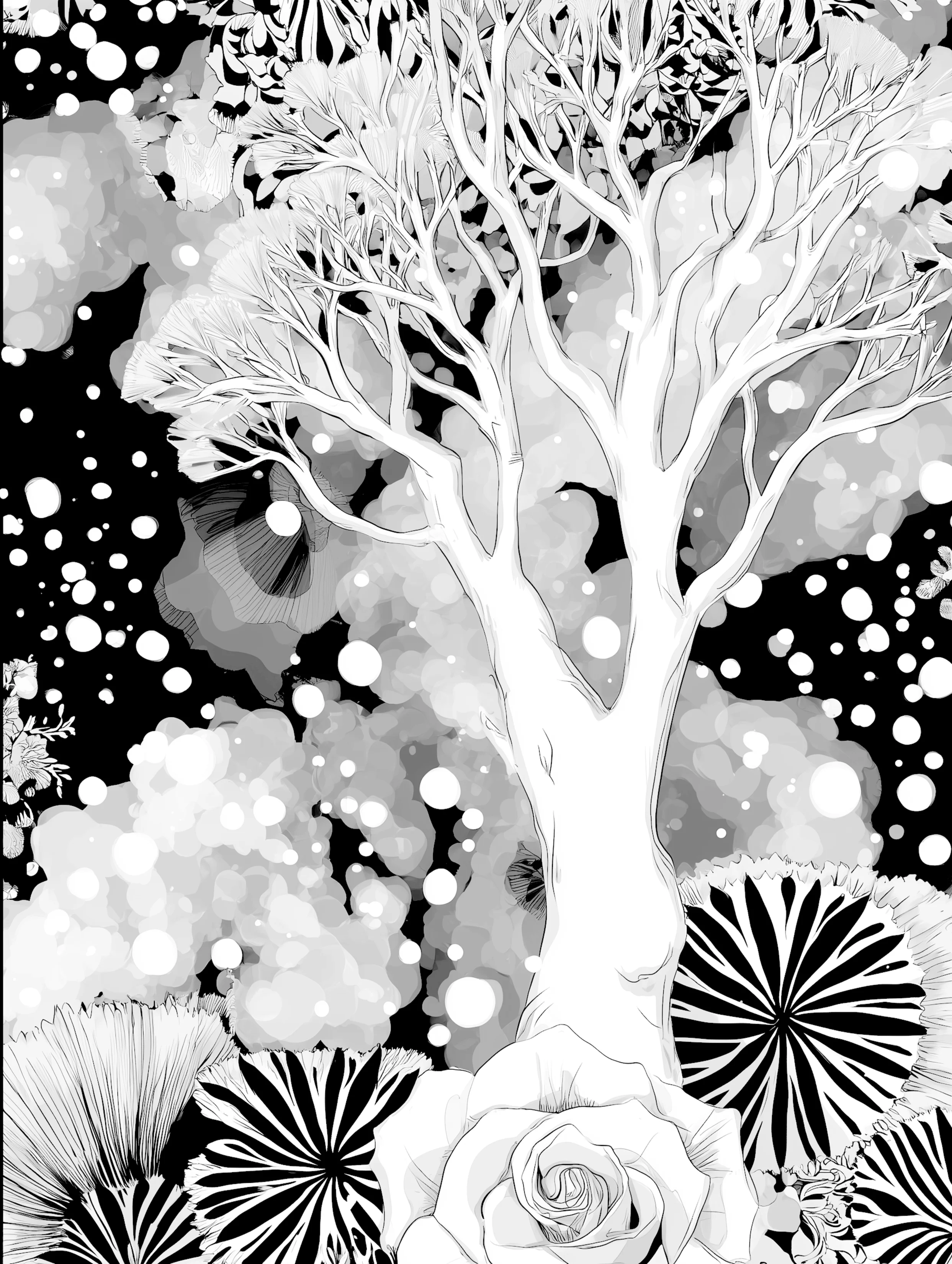 Free printable dead tree coloring page for adults featuring dead tree in a blizzard